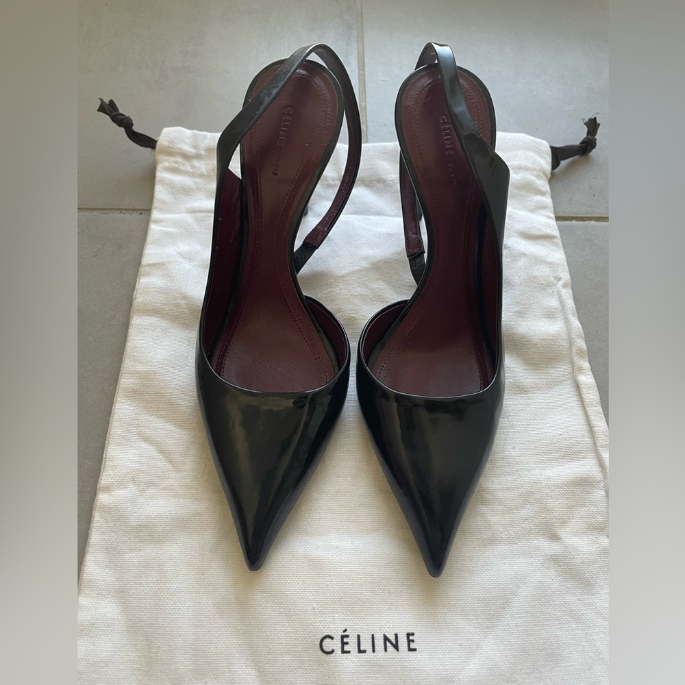 Celine Black Patent Leather Pointed Toe Slingback Heels